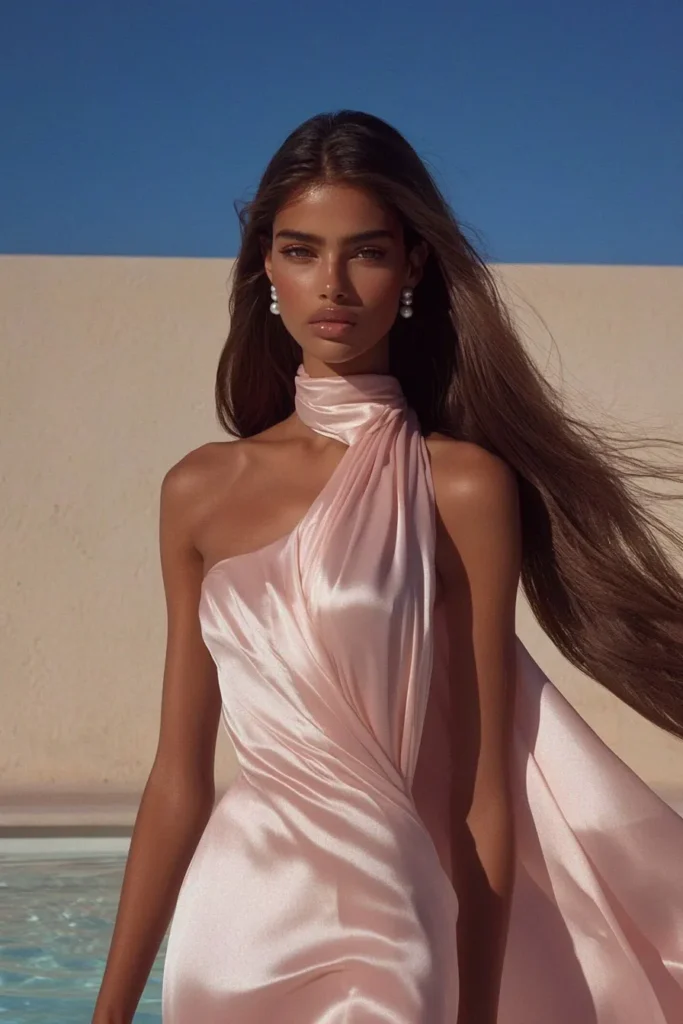 Elegant woman wearing a blush pink satin one-shoulder dress with a flowing scarf detail, styled as a sophisticated summer wedding guest outfit perfect for a beachside or destination ceremony