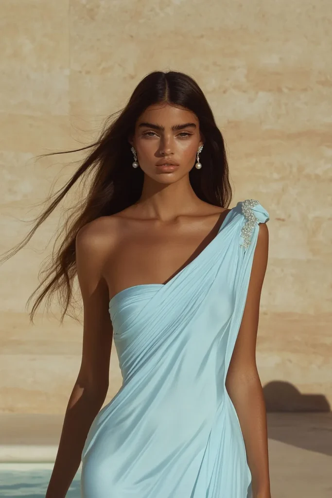 Glamorous ice blue satin cocktail dress wedding guest ensemble with one-shoulder design, flattering draped bodice, crystal embellishment, and upscale summer wedding 