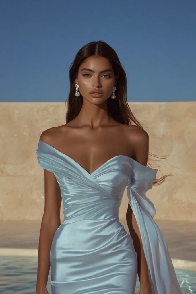 Glamorous light blue dress for wedding guest with dramatic off-shoulder neckline, wrapped bodice, and sleek satin fabric photographed against Mediterranean-inspired stone background