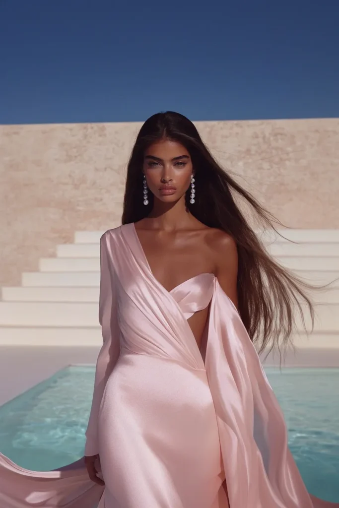 Glamorous pink wedding guest dresses made of silky satin with a sculpted bodice and exposed shoulder detail, perfect attire inspiration for beach or resort weddings