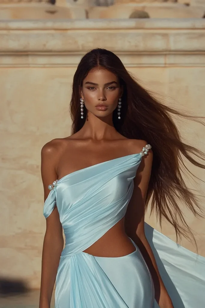 Light blue one-shoulder satin summer wedding guest dress with stylish cutout detail, styled with pearl drop earrings perfect for sophisticated warm-weather summer wedding celebration.