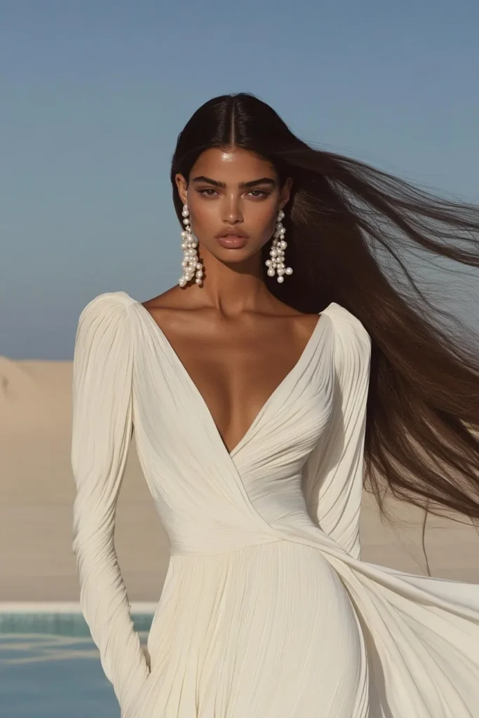 Luxury white long dress featuring full length sleeves and a flattering silhouette, captured in a stunning outdoor setting with golden sunlight and soft breezes, with statement pearl earrings.