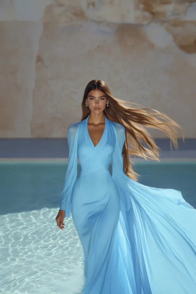 Model wearing an elegant sky blue long sleeve wedding guest dress with plunging neckline and flowing dramatic sleeves, perfect for summer weddings events