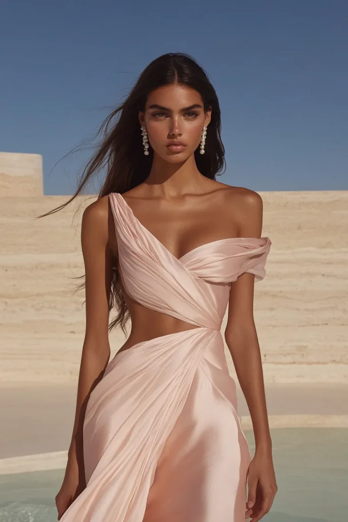 Pink summer wedding guest dress with off-shoulder neckline, pleated bodice, and high slit for a chic and elegant look