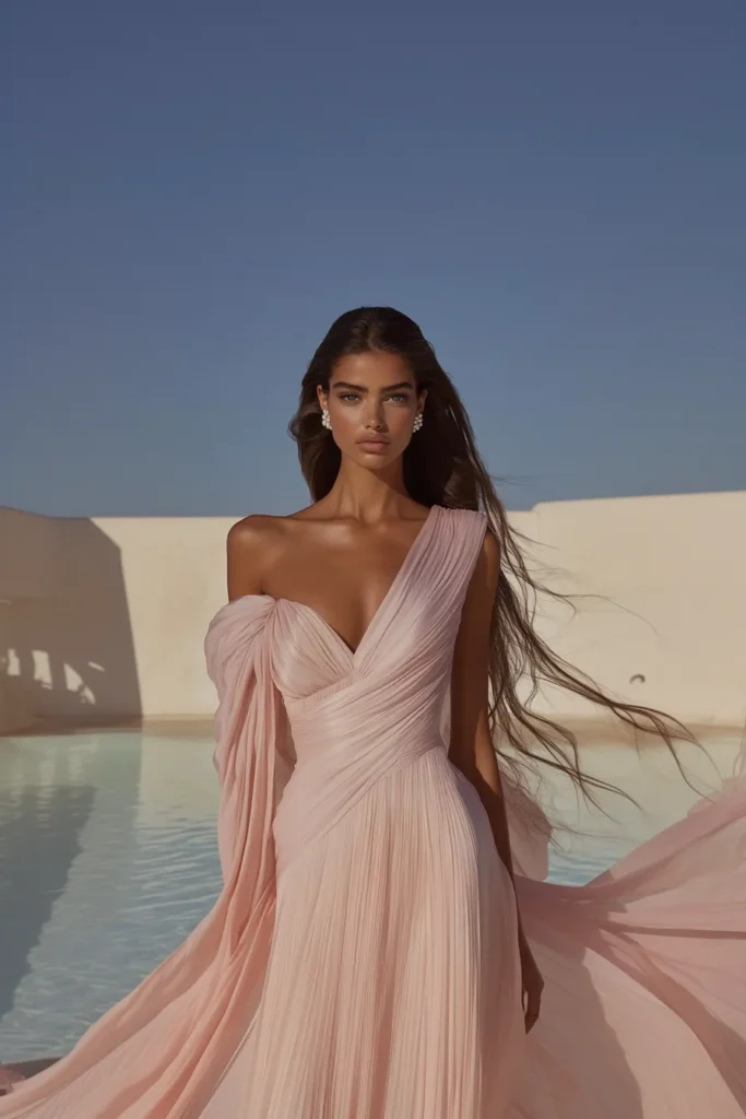 Soft pink elegant wedding guest dress featuring a draped sleeve and flattering silhouette, perfect for beach or garden ceremonies, summer wedding