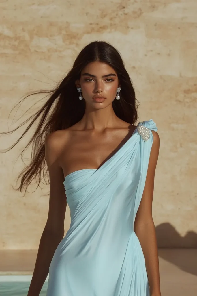 Sophisticated baby blue cocktail dress wedding guest style with Grecian-inspired one-shoulder silhouette, jeweled shoulder detail, statement earrings, and summer wedding venue atmosphere
