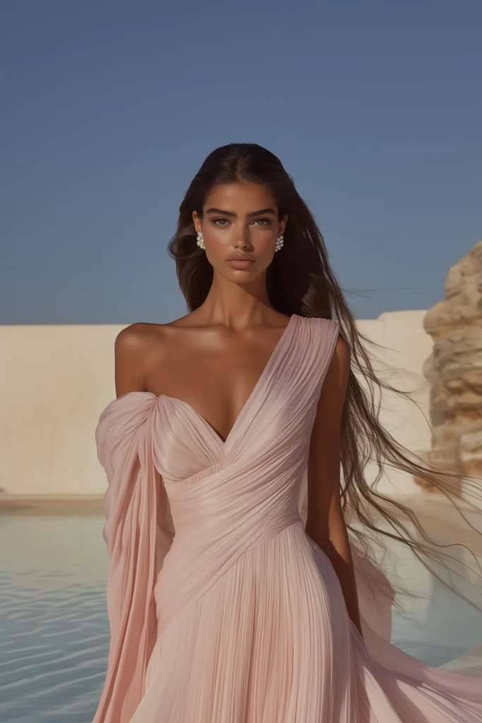 Sophisticated blush pink elegant wedding guest dress with Grecian-inspired draping, ideal for summer weddings, spring wedding