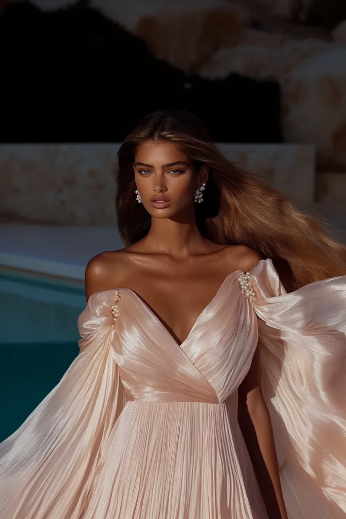 Sophisticated pastel wedding guest dress designed for spring and summer weddings, with pleated textures, statement pearl detailing on the shoulders, and a luminous blush tone