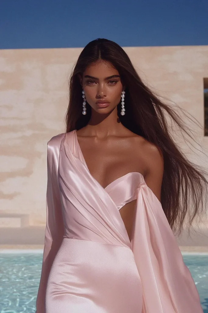Sophisticated pink wedding guest dresses, featuring a fitted satin gown with off-shoulder draping and sleek lines, designed for classy spring or summer weddings