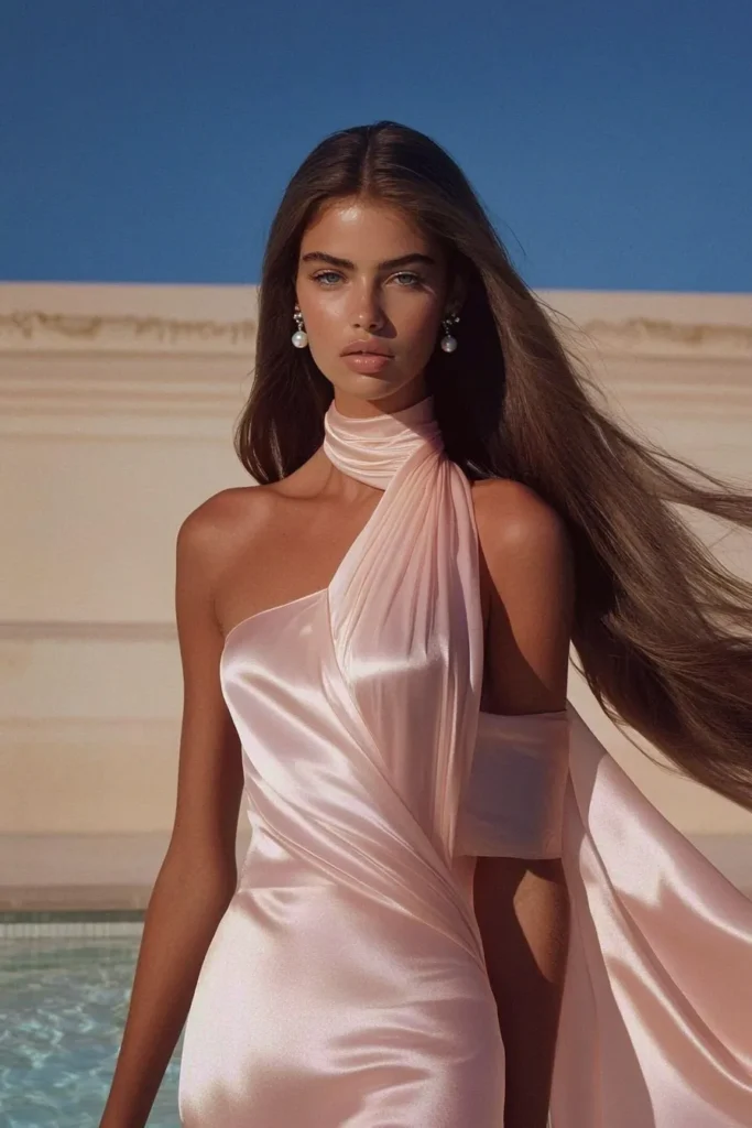 Stunning summer wedding guest outfit featuring a silky blush pink gown with asymmetrical neckline, styled with pearl drop earrings and long sleek hair for a feminine aesthetic.
