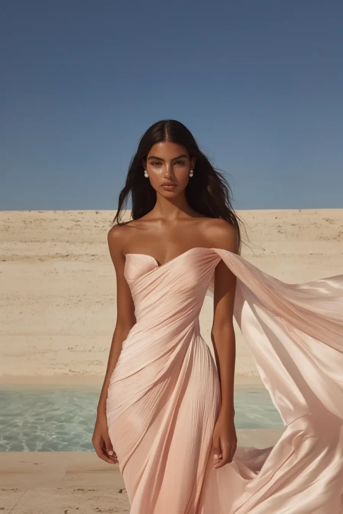 Stylish summer wedding guest dress in a pastel pink hue, showcasing pleated textures and a one-shoulder drape, ideal for warm-weather celebrations.