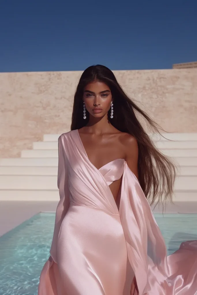 elegant blush satin gown, one of the most eye-catching pink wedding guest dresses for a summer destination wedding, featuring a one-shoulder draped design and luxurious flowing fabric.