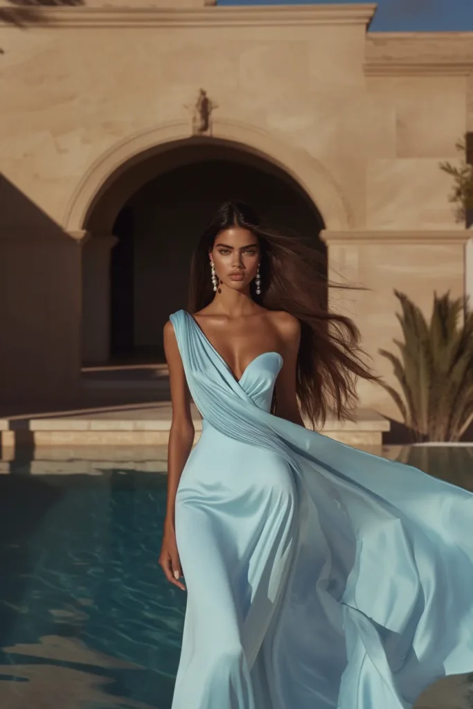 Classy wedding guest dress in light blue with flowing fabric, styled with statement pearl earrings perfect for a spring and summer wedding 