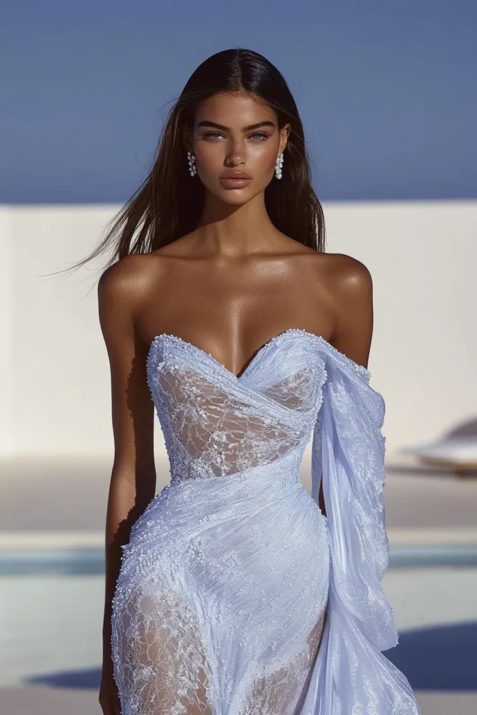 Glamorous lace wedding guest dress featuring strapless sweetheart neckline, sculpted silhouette, and delicate beadwork, perfect for formal evening weddings.