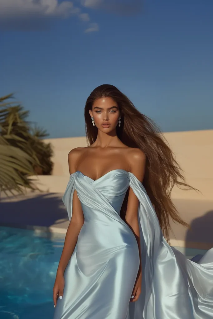 Glamorous sky blue Wedding Guest Outfit featuring architectural draping, strapless design with sleeve detail, and shimmering satin fabric perfect for summer spring resort weddings
