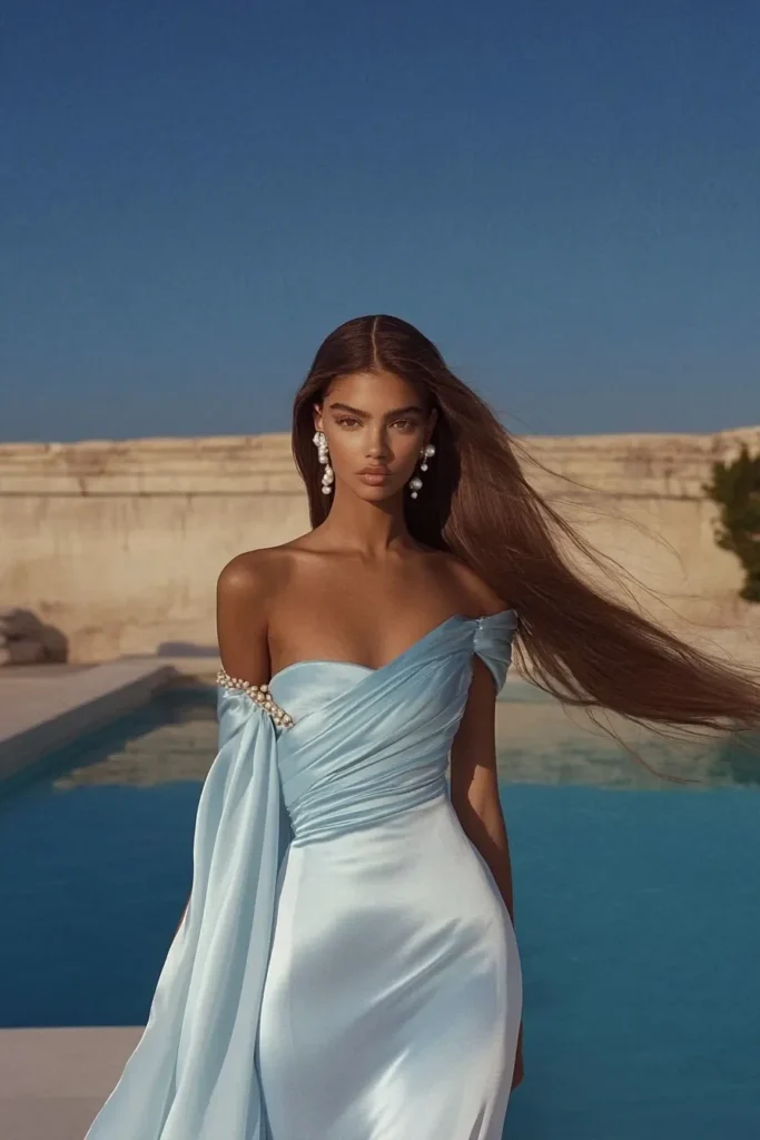 Sophisticated and flattering blue wedding guest dress with draped off-shoulder design, perfect for elegant spring and summer weddings