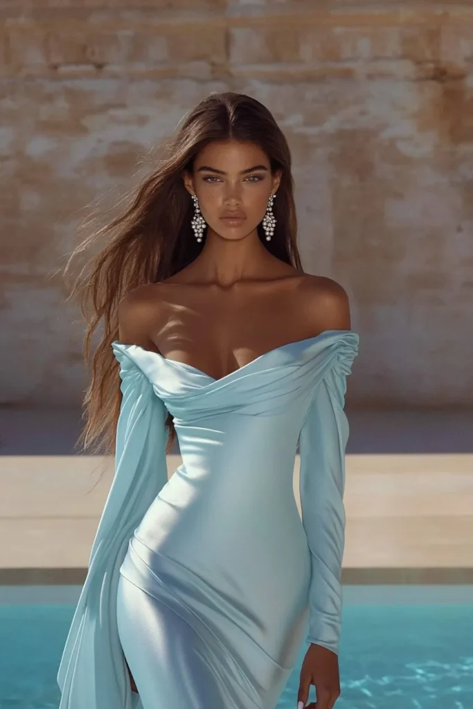 Stunning off-the-shoulder light blue satin wedding guest dress with ruched bodice and draped long sleeve, styled with statement pearl earrings, perfect for spring or summer wedding events