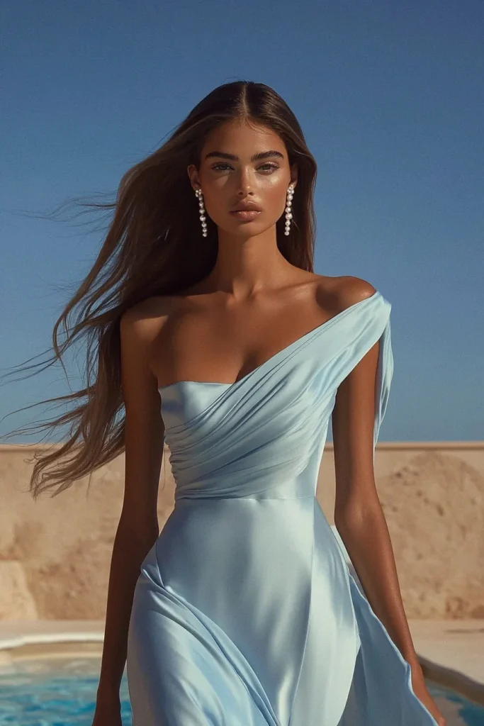 Stunning pale blue wedding dress guest option with graceful one-shoulder detail, delicate draping, and A-line silhouette ideal for beach or summer weddings