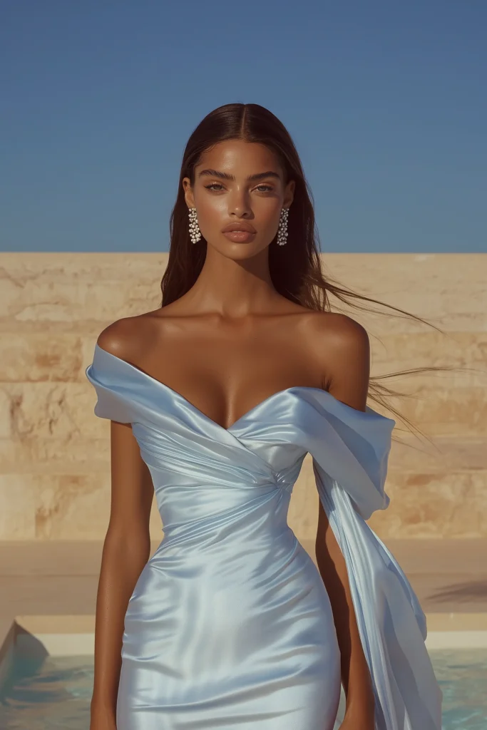 Stylish powder blue silk formal dress for wedding guest with sweetheart neckline, flowing shoulder detail, and form-fitting design perfect for spring, summer ceremonies