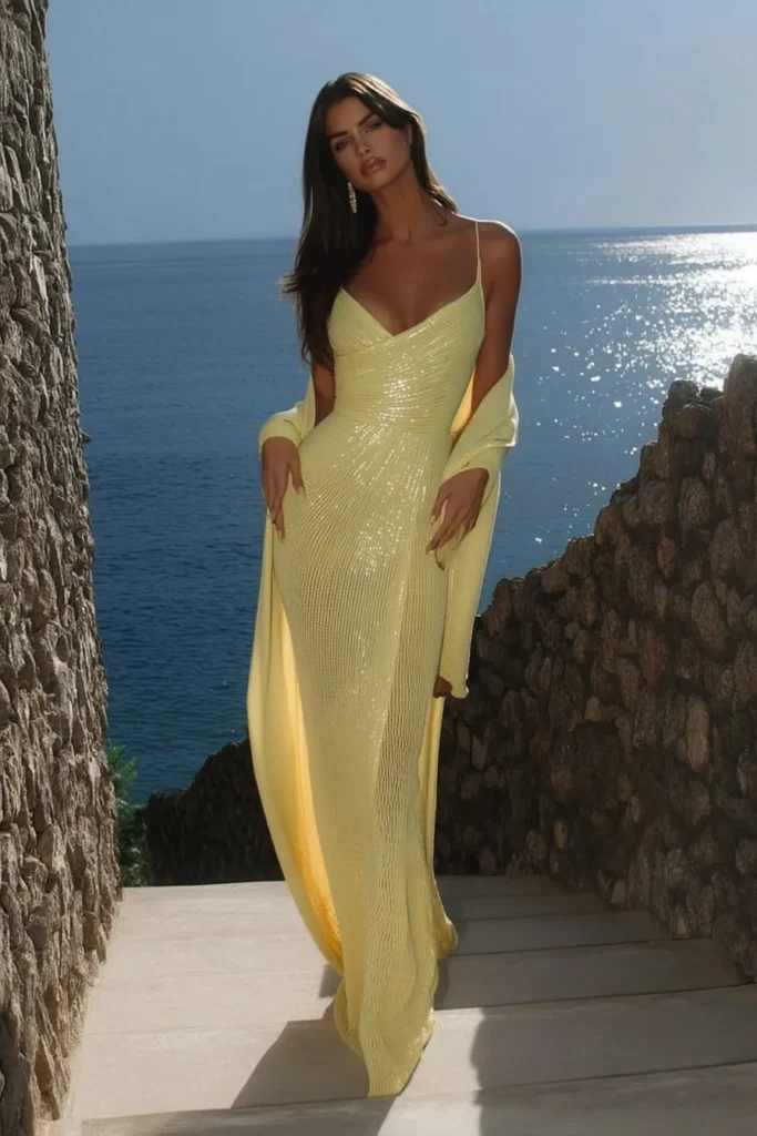 Chic Italy vacation outfits lookbook showcasing metallic yellow maxi dress with plunging neckline, styled for upscale Italian coastal destinations