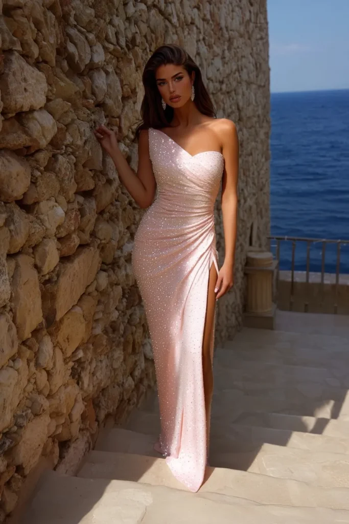 Chic and sophisticated cocktail wedding guest dress in pastel pink with ruched detailing and a fitted silhouette, ideal for beachside or outdoor ceremonies.