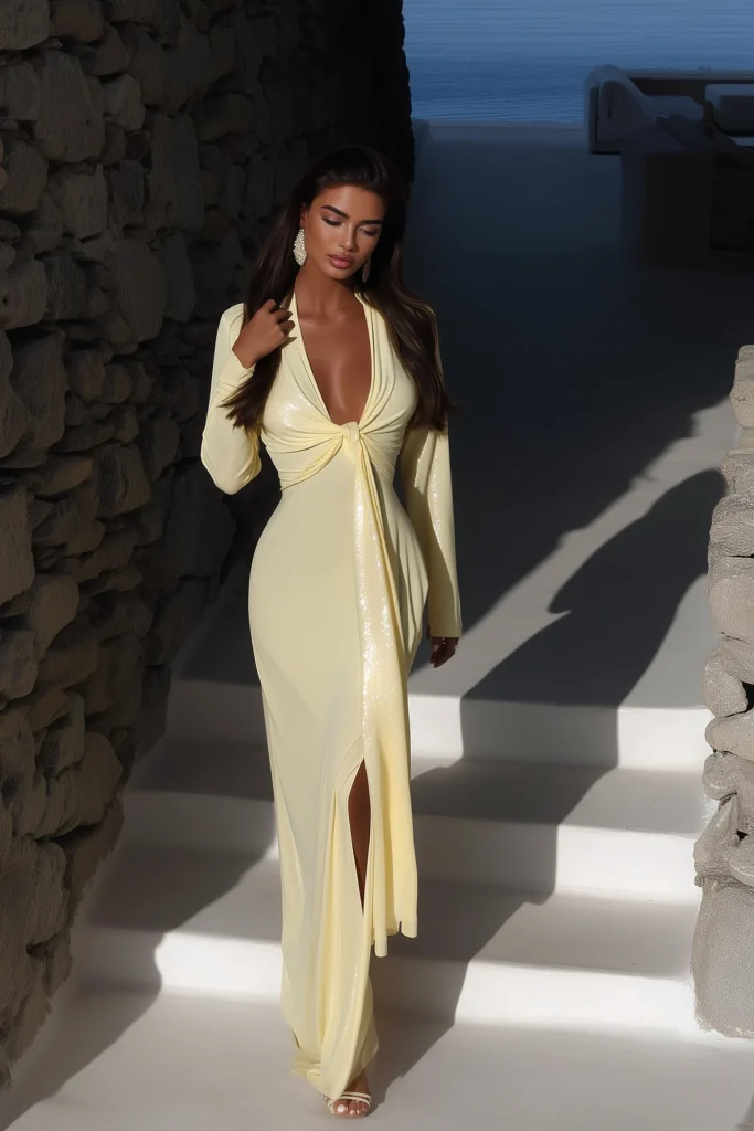 Chic cute vacation outfits collection a floor-length lemon dress featuring sparkly fabric, fitted silhouette, ideal for sunset dinners and beach resort events