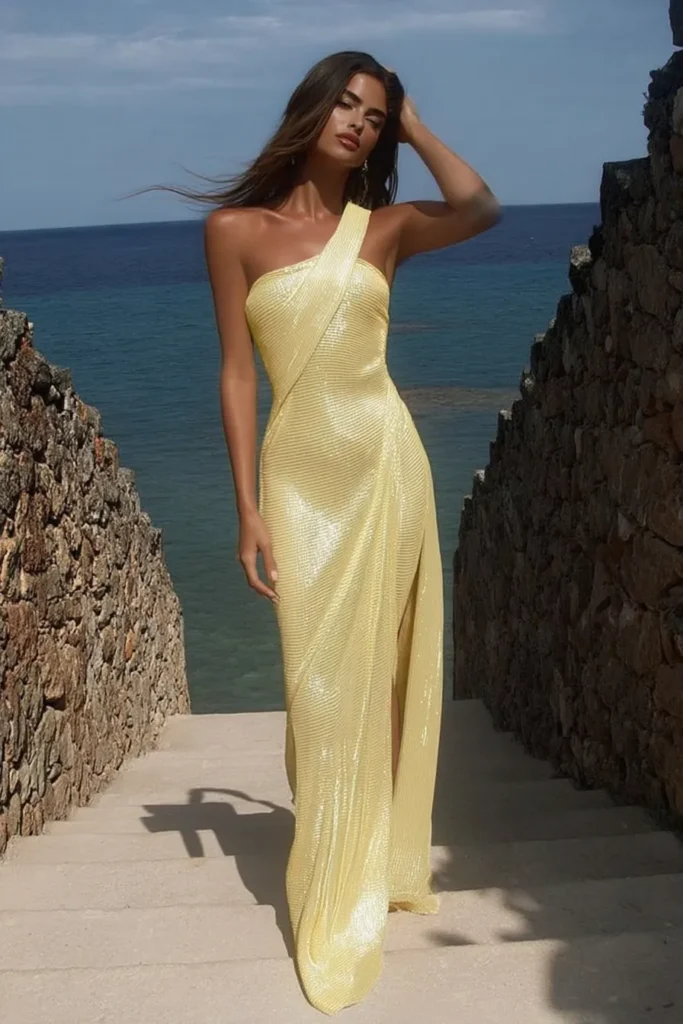 Chic resort vacation outfits one-shoulder yellow gown with elegant draping ideal for sophisticated travel and luxury getaways