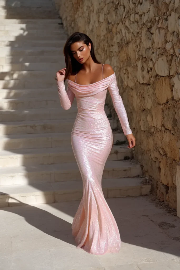 Chic summer wedding guest dress in pastel pink with subtle sequin embellishments and romantic draped shoulders, perfect for beach or garden weddings.