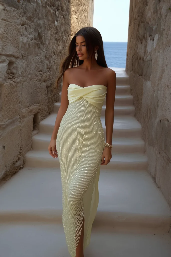 Chic vacation summer outfits for formal occasions stunning lemon sequined bodycon dress with strapless design and asymmetrical draping, ideal for upscale beach resort dining