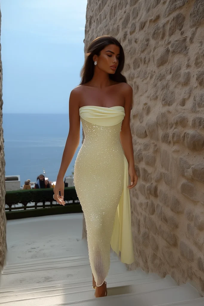 Elegant woman wearing glamorous vacation summer outfits featuring a strapless gold sequined midi dress with draped neckline, perfect for Mediterranean resort evenings