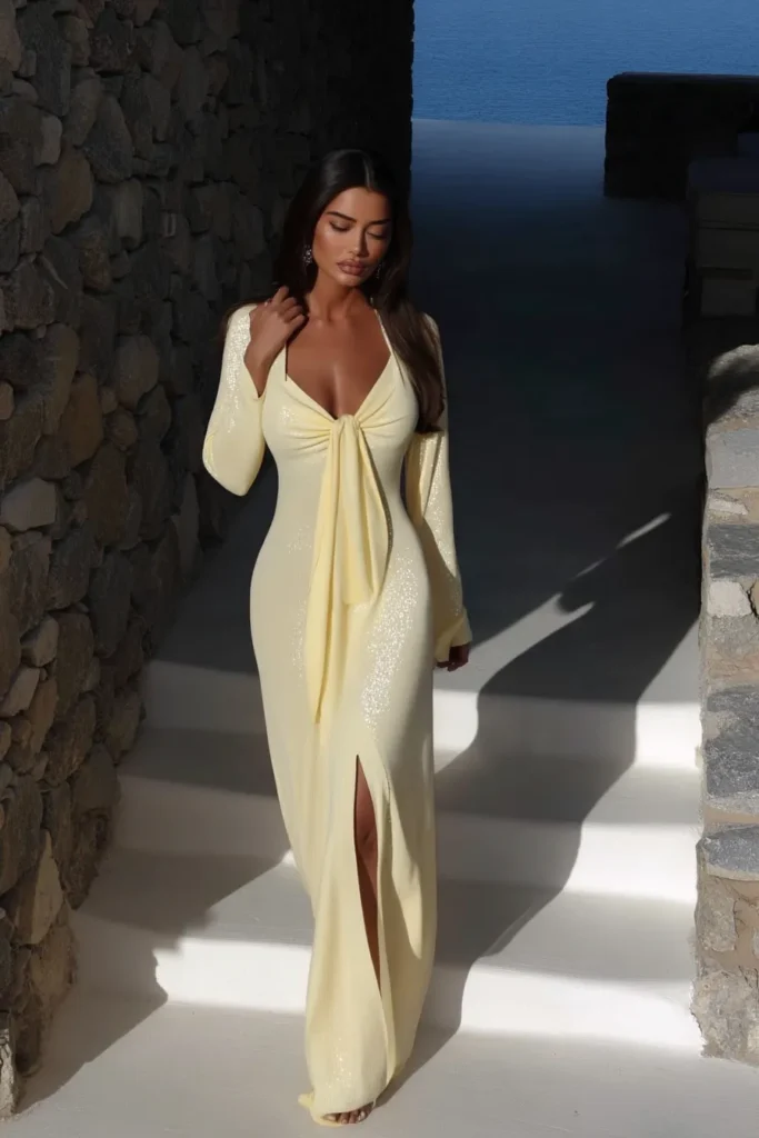 Glamorous cute vacation outfits for formal occasions a shimmering le,om maxi dress with bell sleeves and front slit, posed on stone terrace overlooking turquoise Mediterranean waters