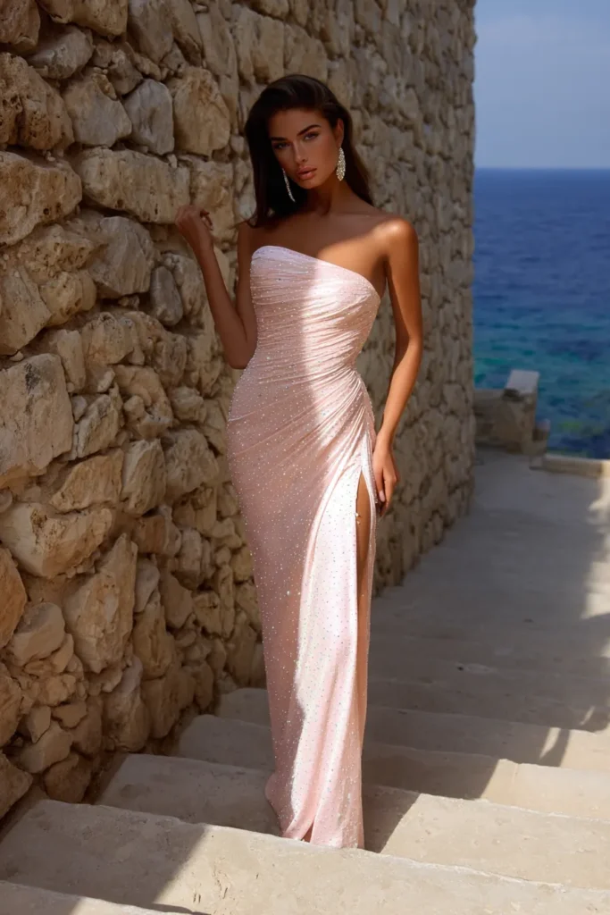 Glamorous pastel pink wedding guest dress with a fitted silhouette, perfect for elegant seaside weddings or upscale summer celebrations.