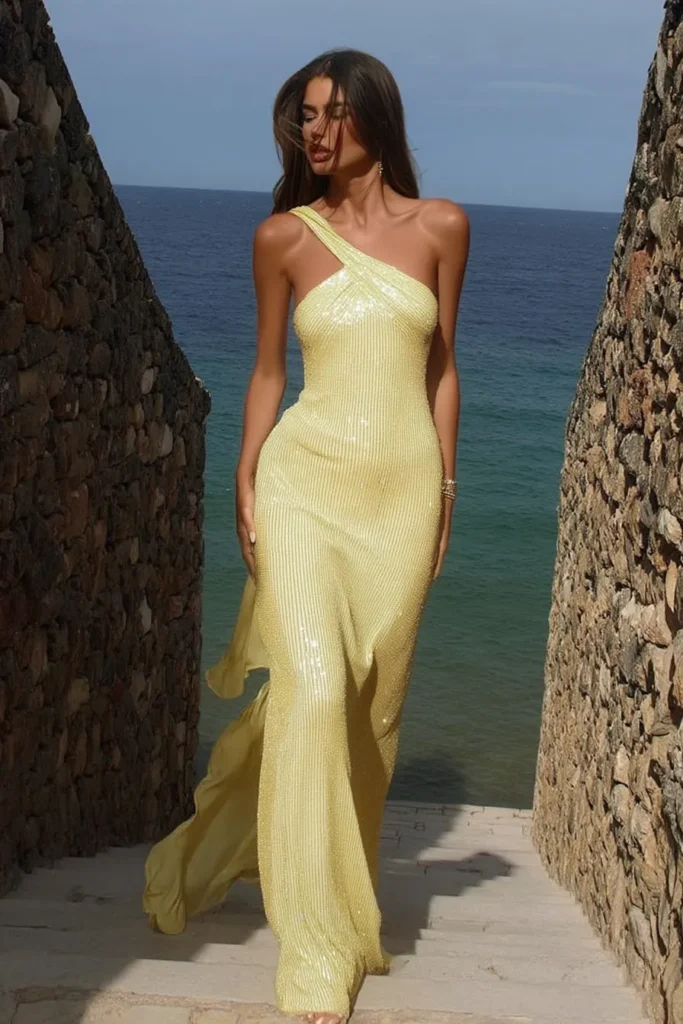 Glamorous resort vacation outfits yellow one-shoulder dress styled with statement earrings for luxury travel and special occasions
