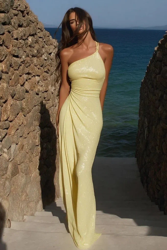 Glamorous summer vacation outfits, model wearing dazzling lemon sequin evening dress with single shoulder strap design, photographed on scenic  terrace overlooking sea