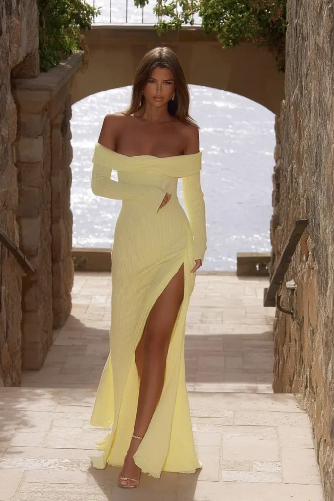 Luxurious island vacation outfits, a pastel yellow body-hugging dress with sparkling details, high slit, and off-the-shoulder neckline, captured in golden natural light.