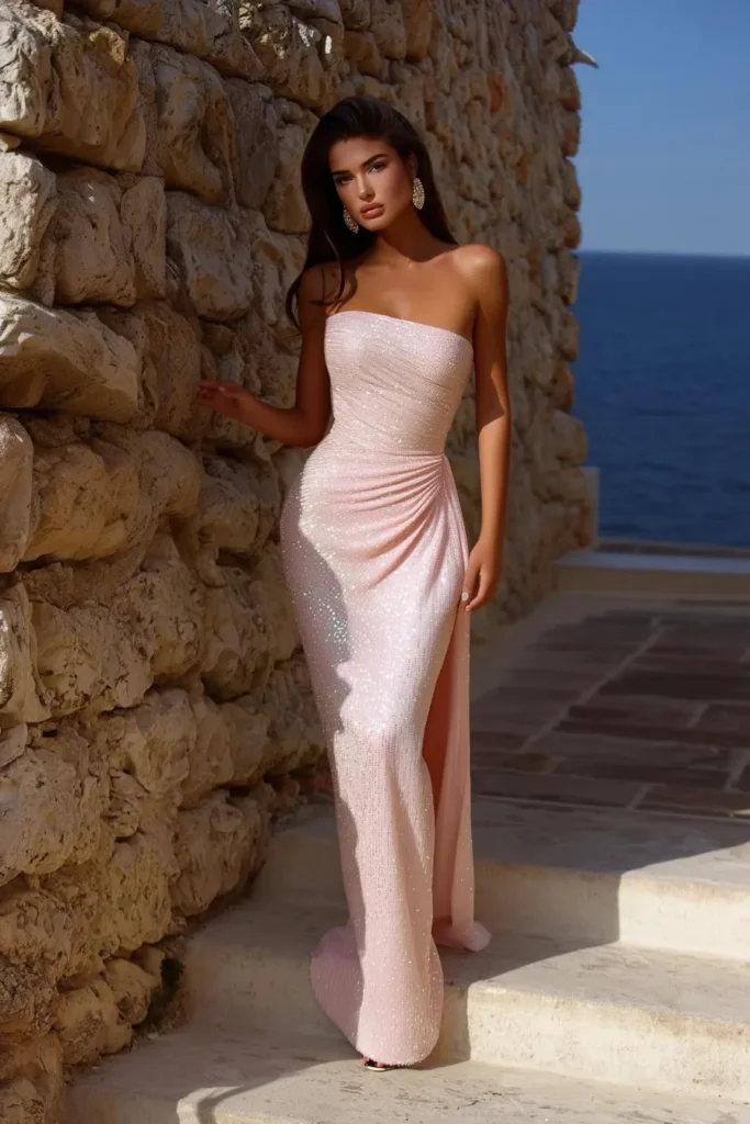 Pastel wedding guest dress with shimmering sequins and thigh-high slit, perfect for beachside or outdoor spring and summer weddings.