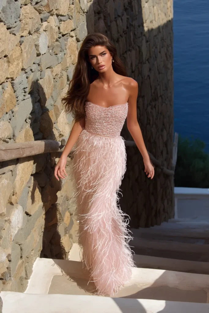 Sequin pastel pink wedding guest dress with a fitted silhouette and dramatic feather embellishments, ideal for luxury summer weddings by the sea.