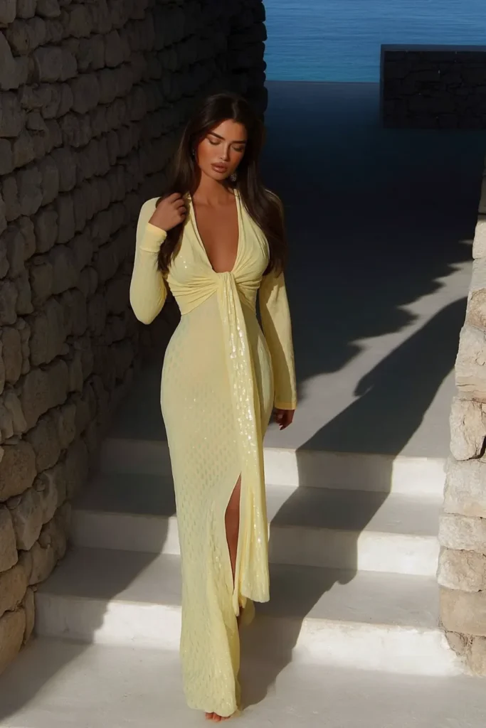 Sophisticated and cute vacation outfits idea with a form-fitting yellow dress, styled for upscale beach vacations or evening strolls by the sea.