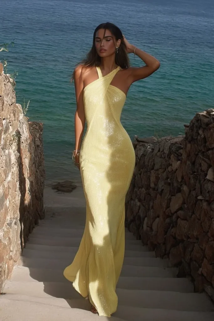 Sophisticated vacation outfits look with a vibrant yellow halter-neck dress, styled poolside for a warm-weather resort fashion moment.