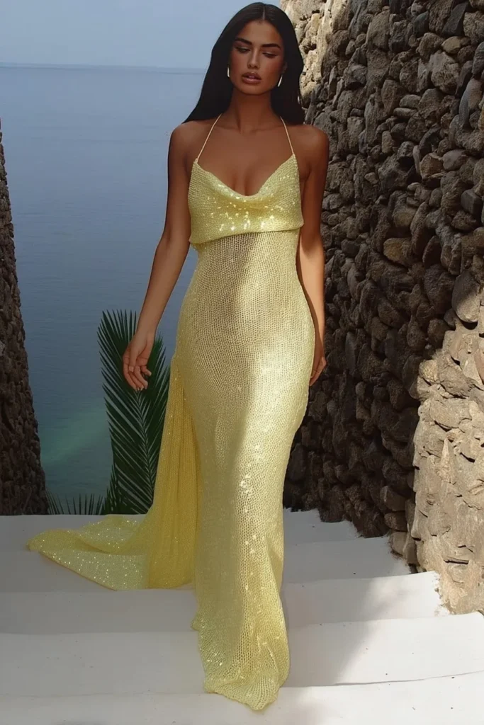 Sophisticated yellow gown styled for tropical vacation outfits, capturing the essence of sunset glamour by the sea.