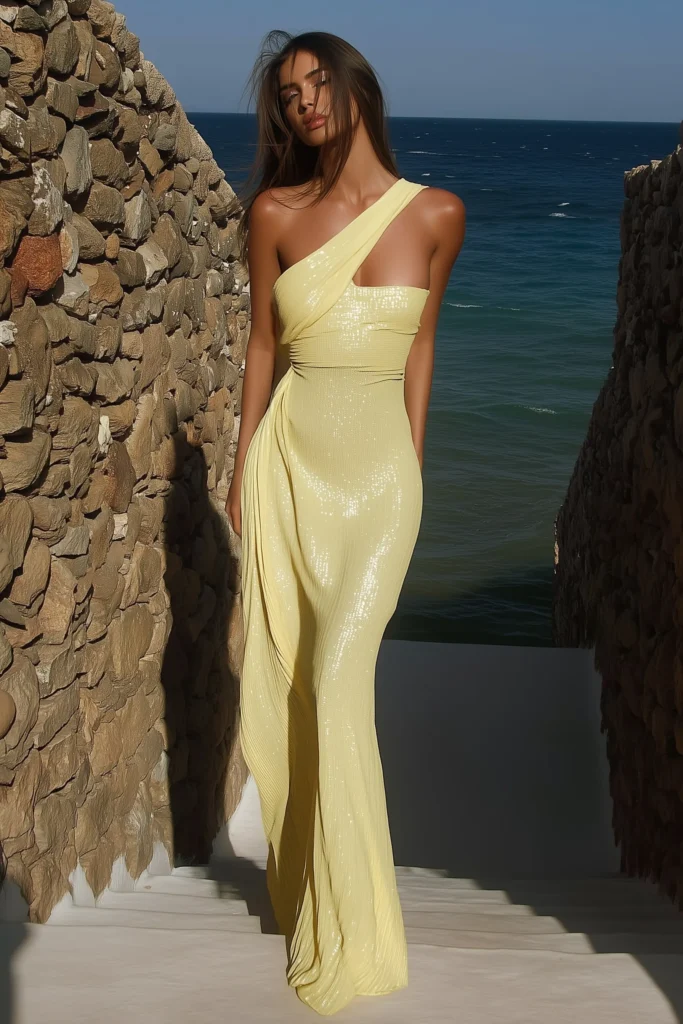 Stylish resort vacation outfits featuring yellow draped gown with asymmetrical neckline ideal for fancy dinners and cocktail parties