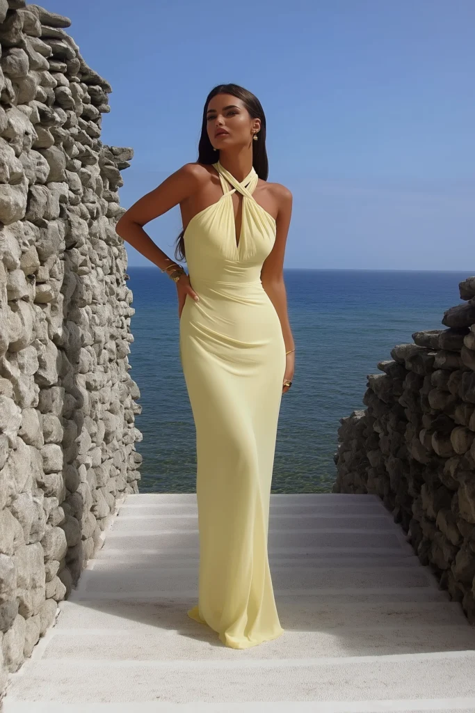 Vacation outfits idea for summer getaways showcasing a fitted yellow maxi dress ideal for romantic dinners or island escapes.