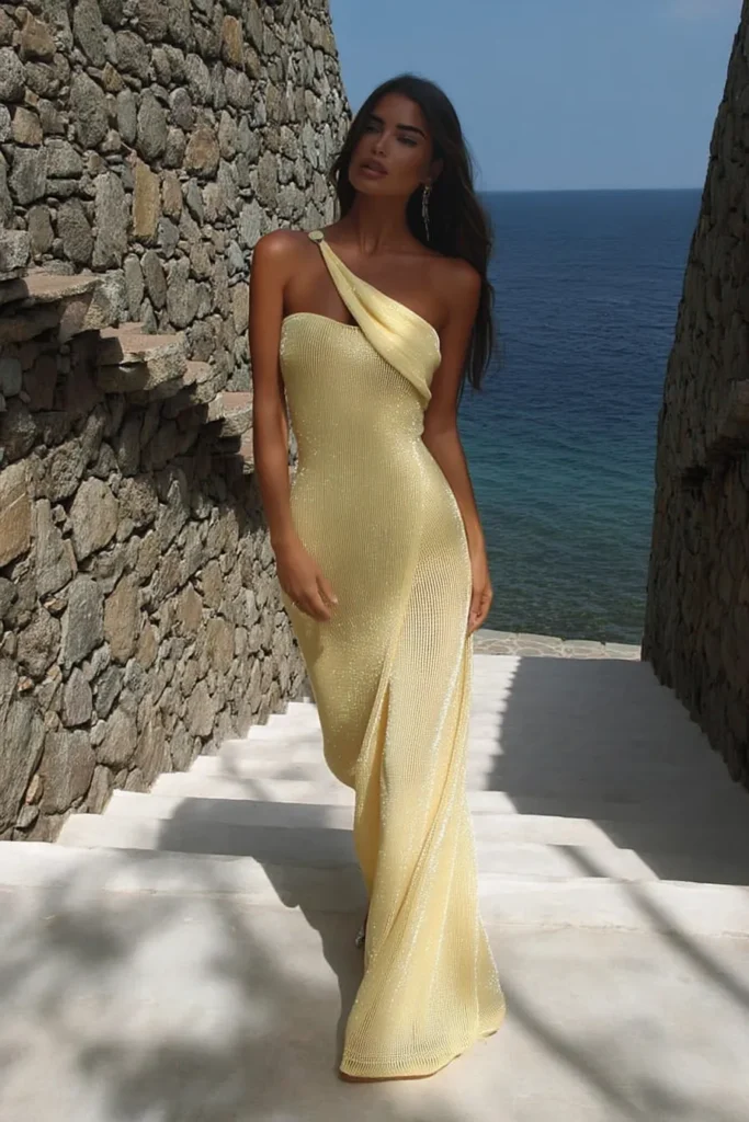 Woman wearing elegant yellow one-shoulder maxi dress perfect for luxurious resort vacation outfits and upscale evening events