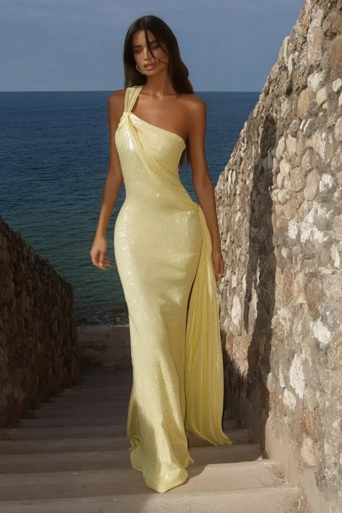 summer vacation outfits for formal occasions breathtaking metallic lemon maxi dress with asymmetric neckline and figure-flattering fit, styled for luxury Mediterranean travel destinations