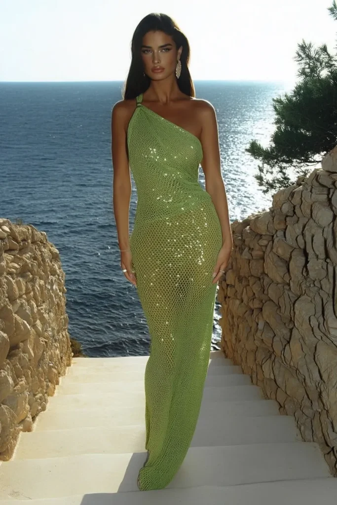 A stunning green one-shoulder sequined maxi dress with asymmetrical neckline and earrings, showcasing elegant summer vacation outfits for luxury resort destinations with sparkling ocean backdrop