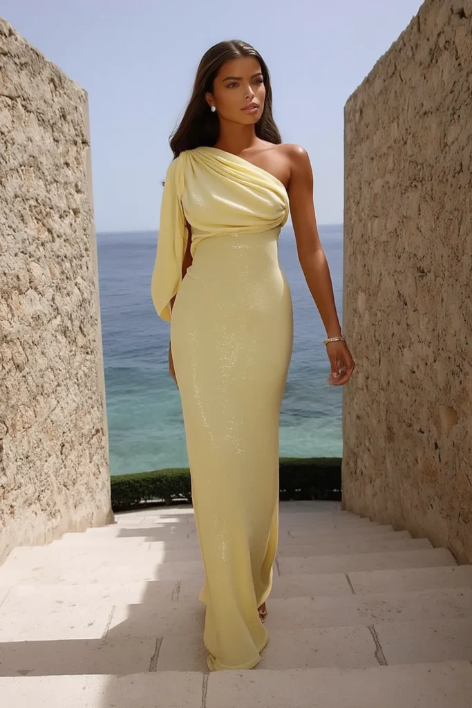 Beautiful modest vacation outfits featuring yellow draped one-shoulder dress perfect for warm weather travel and cultural sites