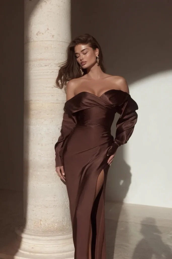 Chic brown fall wedding guest dress featuring off-the-shoulder neckline, fitted long sleeves, cinched waistline, body-contouring fit, and floor length with statement side slit