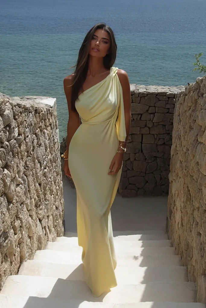 Chic modest vacation outfits yellow flowing maxi dress with single sleeve ideal for sophisticated beach and resort wear