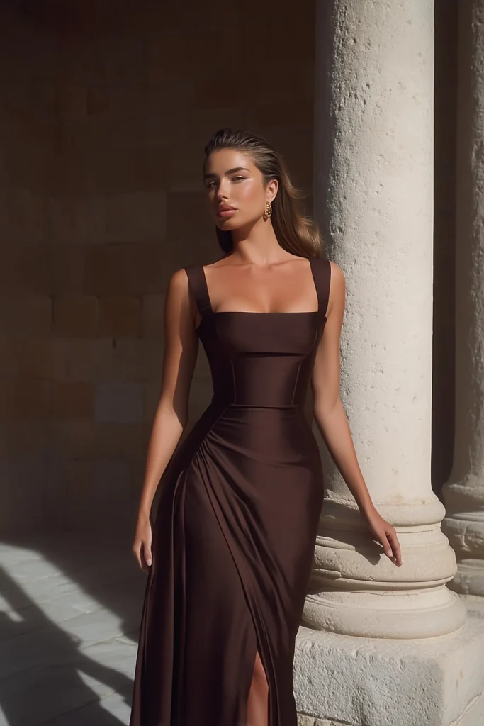 Classic brown old money wedding guest dress, square neckline, tailored bustier bodice with  details,  straps, body-hugging fit, and timeless maxi silhouette with statement side split.