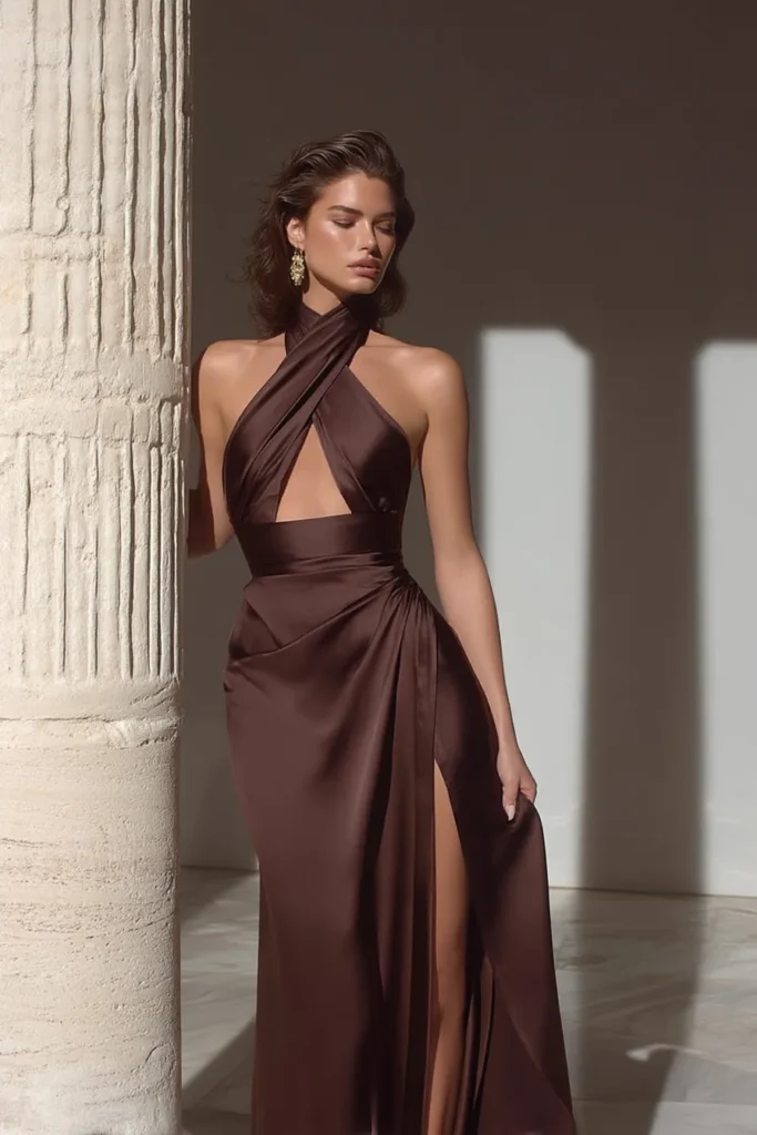 Elegant autumn wedding guest dress with knotted halter neckline, fitted waist, and floor-length skirt featuring high side opening in deep brown.